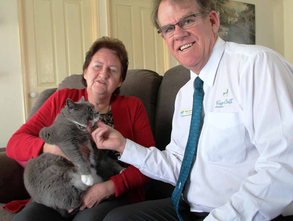 FEE FRiENDLIER: Bay resident Val Fish introduces Councillor Robert Garland to her companion Chloe. FEE FRiENDLIER: Bay resident Val Fish introduces Councillor Robert Garland to her companion Chloe.